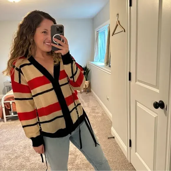 3.1 Phillip Lim Red Black Ribbon Mohair Cardigan Sweater Medium